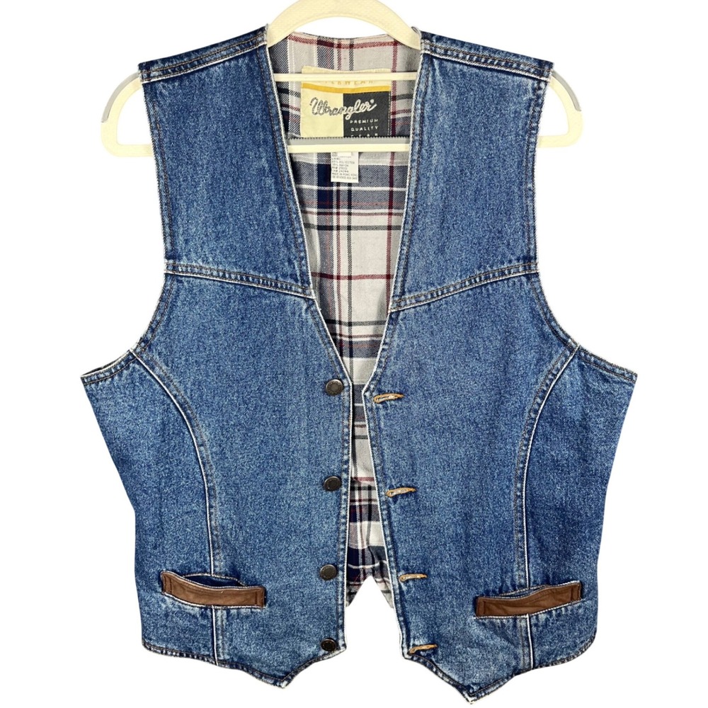 Vintage Wrangler Denim Vest Mens Small Blue Plaid Lined Leather Trim Western